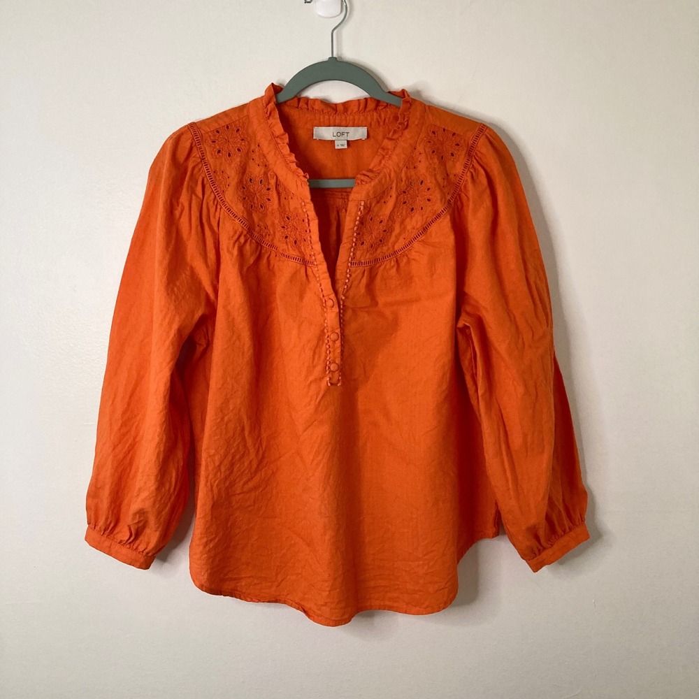 LOFT Boho Orange Eyelet Embroidered Ruffle Neck Cotton Linen Peasant Blouse M
